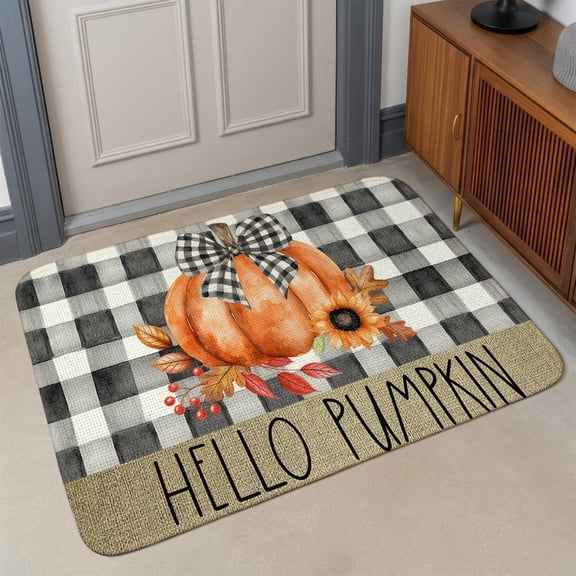 Small Door Mat Indoor Outdoor 15.7"x23.6", Hello Pumpkin Absorbent Non Slip Entry Rug, Orange Thanksgiving Black Plaid Low Profile Welcome Mat for Front/Side Door Apartment Entrance Bathroom
