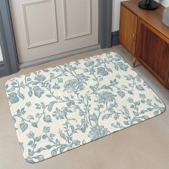 Small Door Mat Indoor Outdoor 15.7"x23.6",Light Blue Flower Absorbent Non Slip Entry Rug,Vintage Farmhouse Boho Leaf Spring Low Profile Welcome Mat for Front/Side Door Apartment Entrance Bathroom