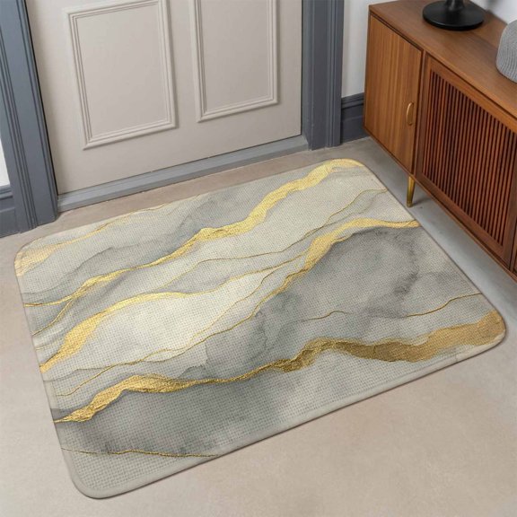 Small Door Mat Indoor Outdoor 15.7"x23.6", Marble Grey Absorbent Non Slip Entry Rug, Modern Gold Luxury Neutral Texture Low Profile Welcome Mat for Front/Side Door Apartment Entrance Bathroom