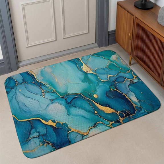 Small Door Mat Indoor Outdoor 15.7"x23.6",Modern Turquoise Absorbent Non Slip Entry Rug,Abstract Teal Gold Marble Textured Low Profile Welcome Mat for Front/Side Door Apartment Entrance Bathroom