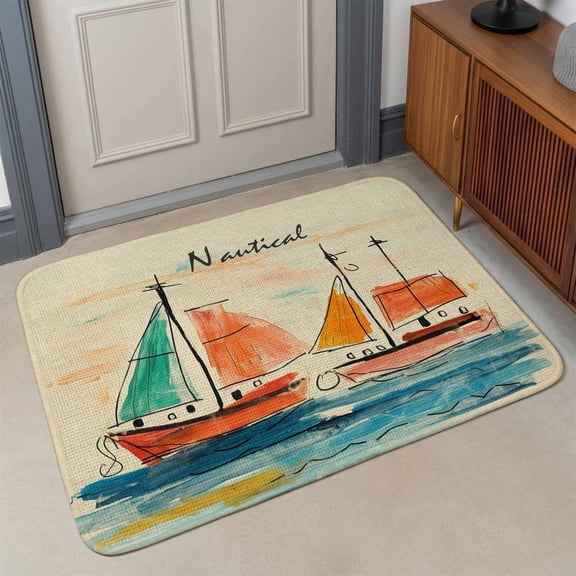 Small Door Mat Indoor Outdoor 15.7"x23.6",Nautical Boat Absorbent Non Slip Entry Rug,Coastal Sailing Ship Ocean Painted Sea Low Profile Welcome Mat for Front/Side Door Apartment Entrance Bathroom