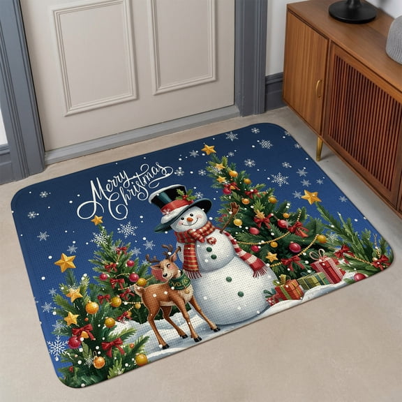 Small Door Mat Indoor Outdoor 15.7"x23.6",Navy Blue Christmas Absorbent Non Slip Entry Rug,Snowman Xmas Tree Snowflake Gifts Elk Low Profile Welcome Mat for Front/Side Door Entrance Bathroom