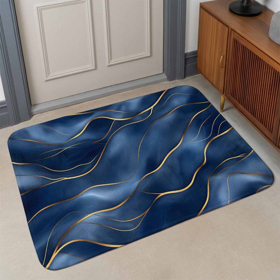 Small Door Mat Indoor Outdoor 15.7"x23.6", Navy Blue Marble Absorbent Non Slip Entry Rug, Abstract Modern Golden Geometric Low Profile Welcome Mat for Front/Side Door Apartment Entrance Bathroom