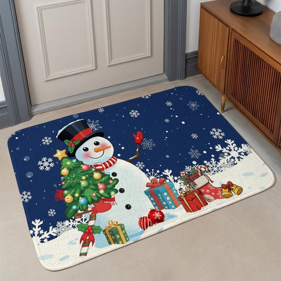 Small Door Mat Indoor Outdoor 15.7"x23.6",Navy Blue Snowman Christmas Absorbent Non Slip Entry Rug,Gifts Xmas Tree Winter Snowflake Low Profile Welcome Mat for Front/Side Door Entrance Bathroom