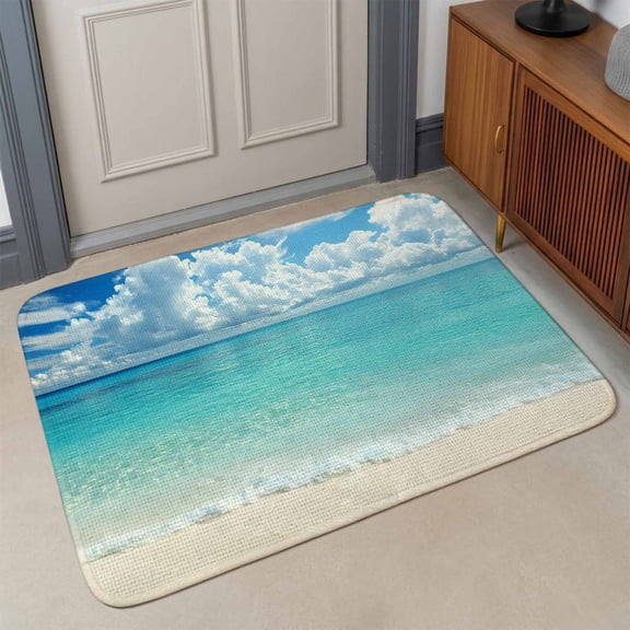 Small Door Mat Indoor Outdoor 15.7"x23.6",Ocean Blue Absorbent Non Slip Entry Rug,Beach Nature Coast Sea Shore Sky Seawater Low Profile Welcome Mat for Front/Side Door Apartment Entrance Bathroom