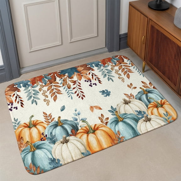 Small Door Mat Indoor Outdoor 15.7"x23.6", Orange Blue Fall Absorbent Non Slip Entry Rug, Thanksgiving Botanical Pumpkins Low Profile Welcome Mat for Front/Side Door Apartment Entrance Bathroom