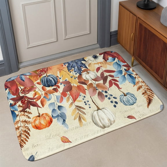 Small Door Mat Indoor Outdoor 15.7"x23.6",Orange Blue Leaves Fall Absorbent Non Slip Entry Rug,Thanksgiving Small Pumpkins Weeping Low Profile Welcome Mat for Front/Side Door Entrance Bathroom