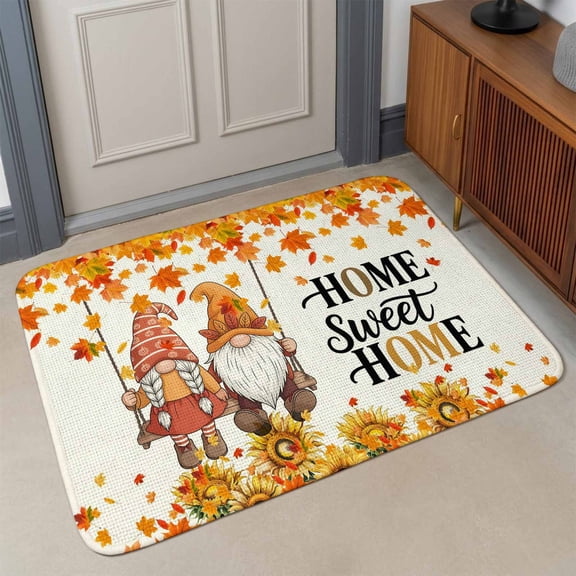 Small Door Mat Indoor Outdoor 15.7"x23.6",Orange Fall Absorbent Non Slip Entry Rug,Thanksgiving Gnomes Sunflower Maple Leaf Low Profile Welcome Mat for Front/Side Door Apartment Entrance Bathroom
