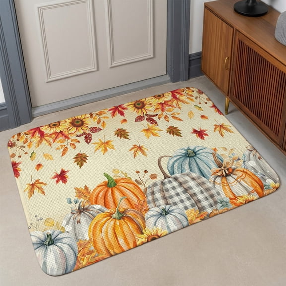 Small Door Mat Indoor Outdoor 15.7"x23.6", Orange Grey Fall Absorbent Non Slip Entry Rug, Thanksgiving Maple Leaf Pumpkins Low Profile Welcome Mat for Front/Side Door Apartment Entrance Bathroom