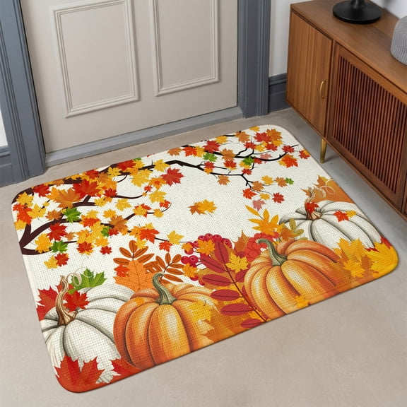 Small Door Mat Indoor Outdoor 15.7"x23.6",Orange Pumpkins Fall Absorbent Non Slip Entry Rug,Maple Leaf Thanksgiving Botanical Low Profile Welcome Mat for Front/Side Door Apartment Entrance Bathroom