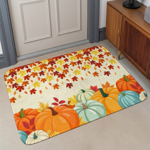 Small Door Mat Indoor Outdoor 15.7"x23.6",Orange Pumpkins Fall Absorbent Non Slip Entry Rug,Thanksgiving Maple Leaves Weeping Rustic Low Profile Welcome Mat for Front/Side Door Entrance Bathroom