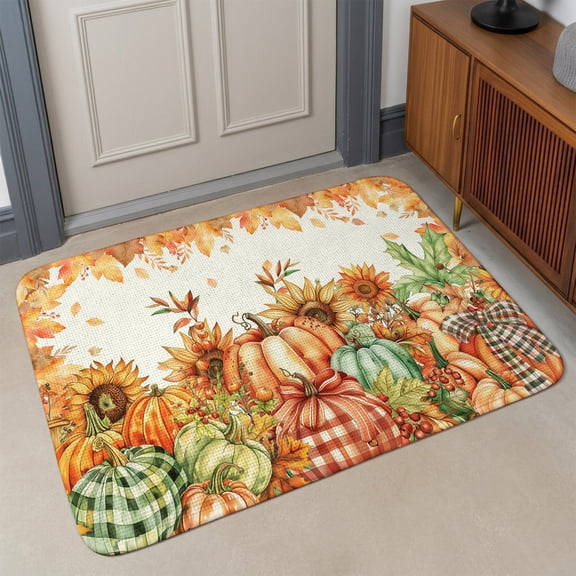Small Door Mat Indoor Outdoor 15.7"x23.6", Orange Pumpkins Fall Thanksgiving Absorbent Non Slip Entry Rug, Maple Leaf Low Profile Welcome Mat for Front/Side Door Apartment Entrance Bathroom