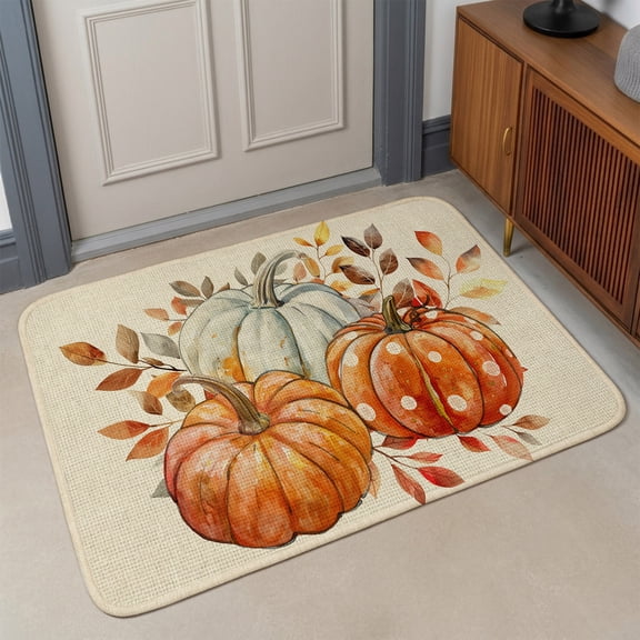 Small Door Mat Indoor Outdoor 15.7"x23.6",Orange White Pumpkins Fall Absorbent Non Slip Entry Rug,Maple Leaf Harvest Rustic Low Profile Welcome Mat for Front/Side Door Apartment Entrance Bathroom