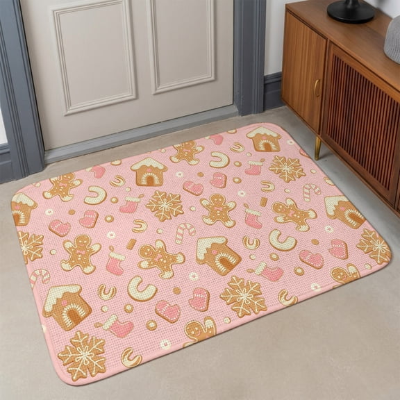 Small Door Mat Indoor Outdoor 15.7"x23.6",Pink Christmas Absorbent Non Slip Entry Rug,Xmas Gingerbread Winter Cane Candy Snowflakes Low Profile Welcome Mat for Front/Side Door Entrance Bathroom