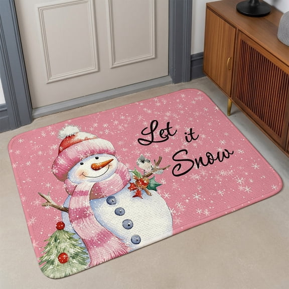 Small Door Mat Indoor Outdoor 15.7"x23.6",Pink Christmas Snowman Absorbent Non Slip Entry Rug,Xmas Birds Winter Snowflake Low Profile Welcome Mat for Front/Side Door Apartment Entrance Bathroom