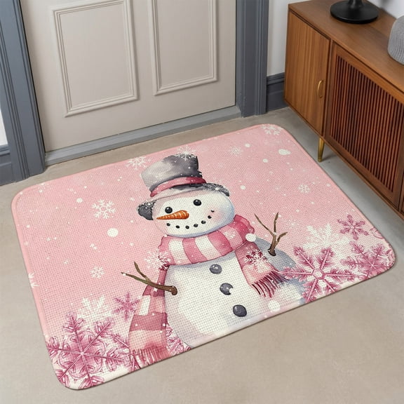 Small Door Mat Indoor Outdoor 15.7"x23.6", Pink Snowman Christmas Absorbent Non Slip Entry Rug, Xmas Pink Snowflake Winter Low Profile Welcome Mat for Front/Side Door Apartment Entrance Bathroom