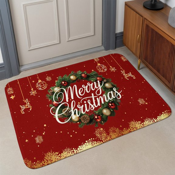 Small Door Mat Indoor Outdoor 15.7"x23.6", Red Christma Absorbent Non Slip Entry Rug, Xmas Snowflake Tree Botanical Winter Low Profile Welcome Mat for Front/Side Door Apartment Entrance Bathroom