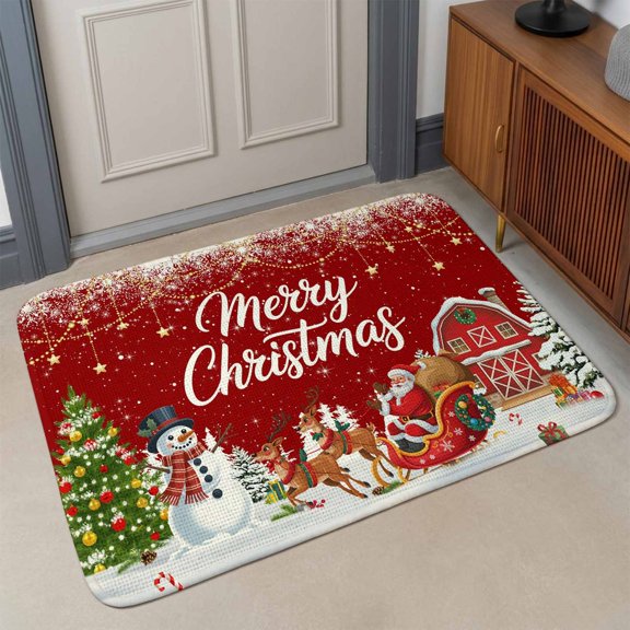 Small Door Mat Indoor Outdoor 15.7"x23.6",Red Christmas Absorbent Non Slip Entry Rug,Santa Snowman Snowflake Elk Xmas Tree Winter Low Profile Welcome Mat for Front/Side Door Entrance Bathroom