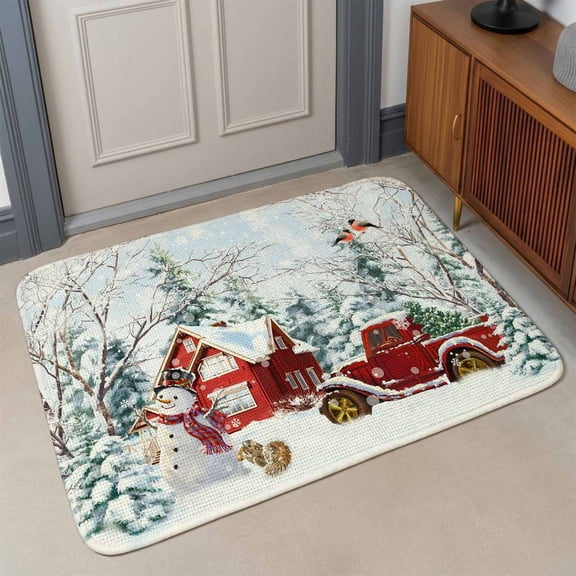 Small Door Mat Indoor Outdoor 15.7"x23.6",Red Christmas Absorbent Non Slip Entry Rug,Snowman Truck Xmas Tree Snowflake Branches Low Profile Welcome Mat for Front/Side Door Apartment Entrance Bathroom