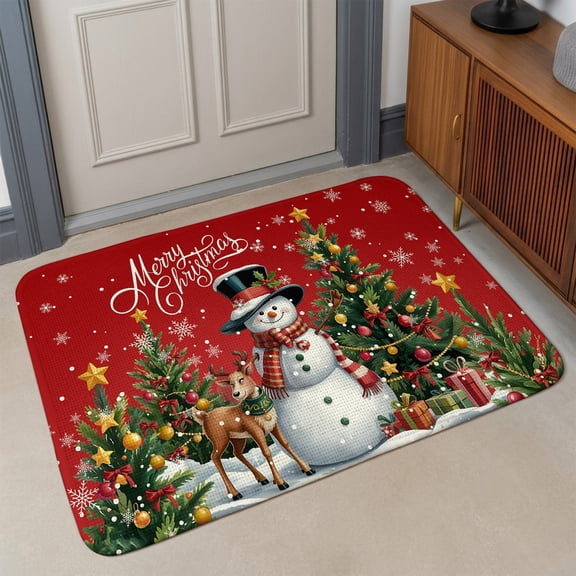 Small Door Mat Indoor Outdoor 15.7"x23.6",Red Christmas Absorbent Non Slip Entry Rug,Snowman Xmas Tree Snowflake Gifts Elk Low Profile Welcome Mat for Front/Side Door Apartment Entrance Bathroom