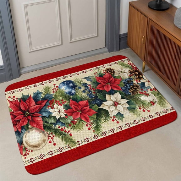 Small Door Mat Indoor Outdoor 15.7"x23.6",Red Christmas Absorbent Non Slip Entry Rug,Xmas Botanical Poinsettia Blue Balls Low Profile Welcome Mat for Front/Side Door Apartment Entrance Bathroom