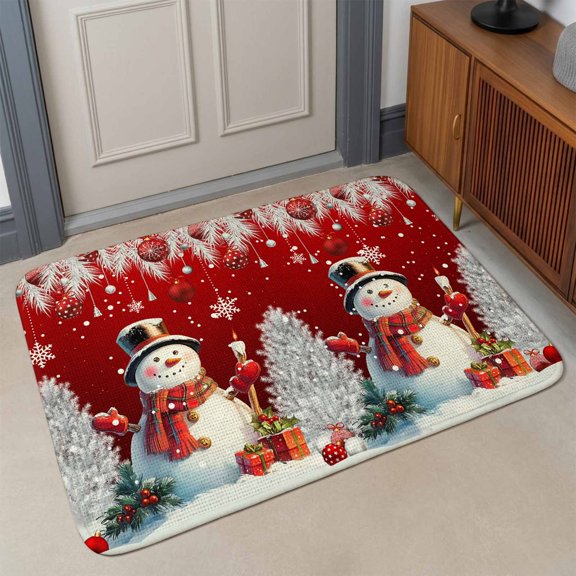 Small Door Mat Indoor Outdoor 15.7"x23.6", Red Christmas Absorbent Non Slip Entry Rug, Xmas Snowflake Balls Tree Low Profile Welcome Mat for Front/Side Door Apartment Entrance Bathroom