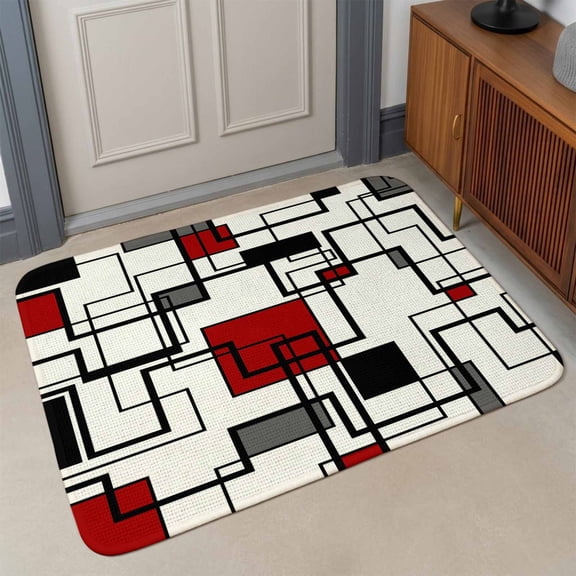 Small Door Mat Indoor Outdoor 15.7"x23.6",Red Geometric Absorbent Non Slip Entry Rug,Modern Black Gray Abstract Striped Art Low Profile Welcome Mat for Front/Side Door Apartment Entrance Bathroom