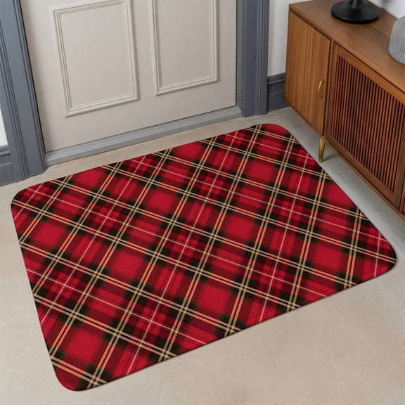 Small Door Mat Indoor Outdoor 15.7"x23.6", Red Green Black Plaid Absorbent Non Slip Entry Rug, Christmas Checkered Buffalo Low Profile Welcome Mat for Front/Side Door Apartment Entrance Bathroom