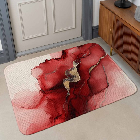 Small Door Mat Indoor Outdoor 15.7"x23.6", Red Marble Absorbent Non Slip Entry Rug, Modern Ombre Abstract Ink Painting Art Low Profile Welcome Mat for Front/Side Door Apartment Entrance Bathroom