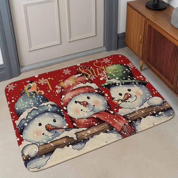Small Door Mat Indoor Outdoor 15.7"x23.6", Red Snowman Christmas Absorbent Non Slip Entry Rug, Winter Snowflake Xmas Low Profile Welcome Mat for Front/Side Door Apartment Entrance Bathroom