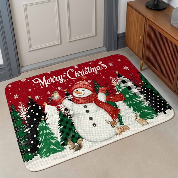 Small Door Mat Indoor Outdoor 15.7"x23.6", Red Snowman Christmas Absorbent Non Slip Entry Rug, Winter Xmas Tree Snowflake Low Profile Welcome Mat for Front/Side Door Apartment Entrance Bathroom