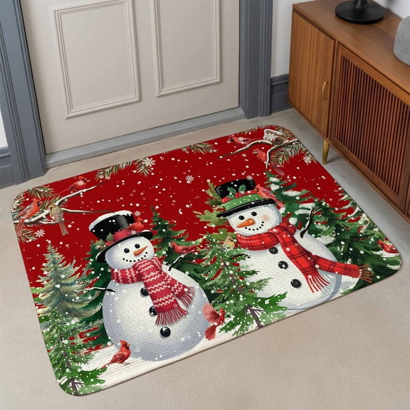 Small Door Mat Indoor Outdoor 15.7"x23.6",Red Snowman Christmas Absorbent Non Slip Entry Rug,Xmas Tree Snowflake Winter Birds Low Profile Welcome Mat for Front/Side Door Apartment Entrance Bathroom