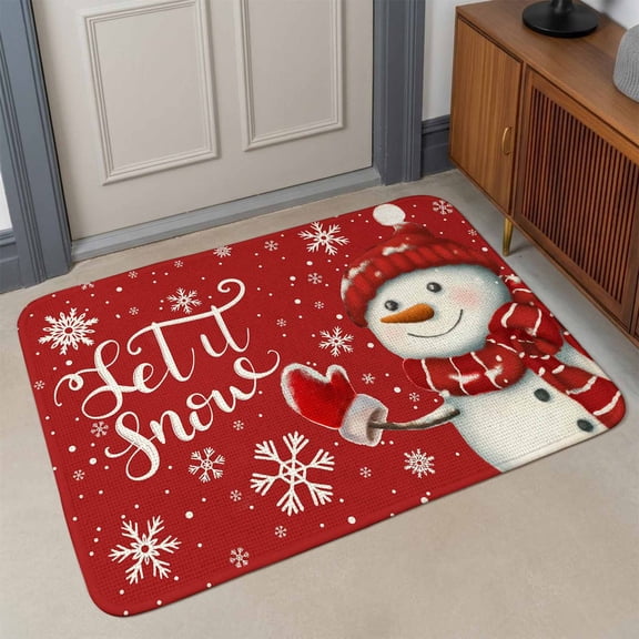 Small Door Mat Indoor Outdoor 15.7"x23.6",Red Snowman Christmas Absorbent Non Slip Entry Rug,Xmas Winter Snowflake Let Snow Low Profile Welcome Mat for Front/Side Door Apartment Entrance Bathroom