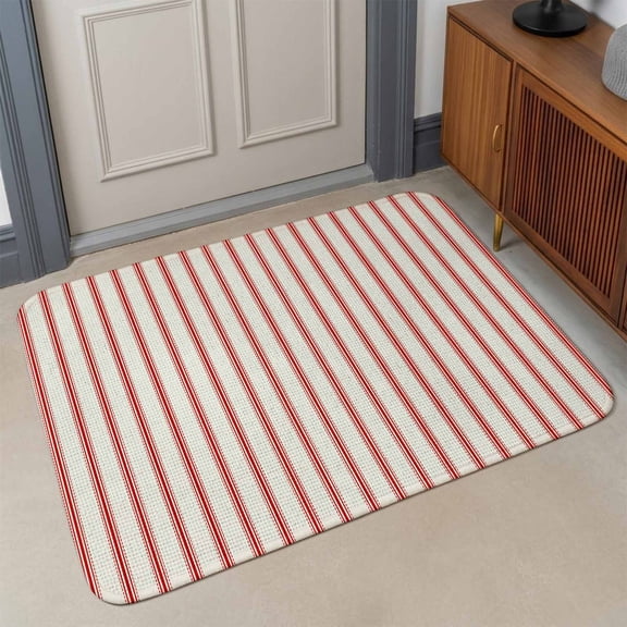 Small Door Mat Indoor Outdoor 15.7"x23.6", Red Striped Absorbent Non Slip Entry Rug, Red White Stripes Farmhouse Low Profile Welcome Mat for Front/Side Door Apartment Entrance Bathroom