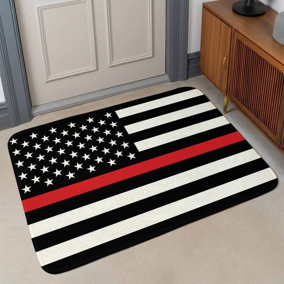 Small Door Mat Indoor Outdoor 15.7"x23.6",Red White Stripe Fireman American Flag Absorbent Non Slip Entry Rug,Fire Fighter USA Flags Low Profile Welcome Mat for Front/Side Door Entrance Bathroom