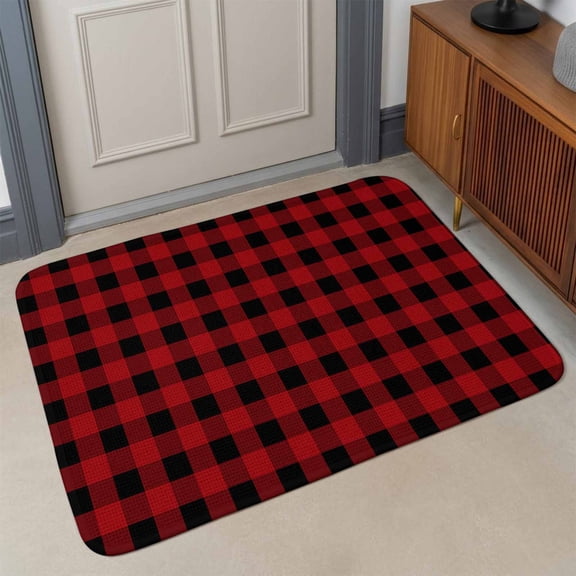 Small Door Mat Indoor Outdoor 15.7"x23.6", Rustic Checkered Absorbent Non Slip Entry Rug, Black Red Buffalo Plaid Low Profile Welcome Mat for Front/Side Door Apartment Entrance Bathroom