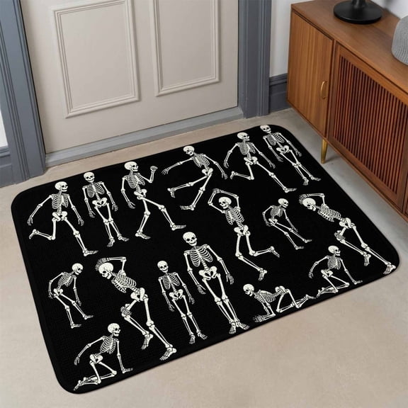 Small Door Mat Indoor Outdoor 15.7"x23.6", Skull Halloween Absorbent Non Slip Entry Rug, Retro Skeleton Abstract Art Low Profile Welcome Mat for Front/Side Door Apartment Entrance Bathroom