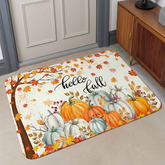 Small Door Mat Indoor Outdoor 15.7"x23.6", Thanksgiving Absorbent Non Slip Entry Rug, Fall Maple Leaf Orange White Pumpkin Low Profile Welcome Mat for Front/Side Door Apartment Entrance Bathroom