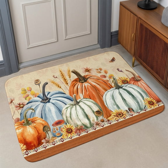 Small Door Mat Indoor Outdoor 15.7"x23.6",Thanksgiving Fall Absorbent Non Slip Entry Rug,Rustic Retro Pumpkin Weeping Leaves Low Profile Welcome Mat for Front/Side Door Apartment Entrance Bathroom
