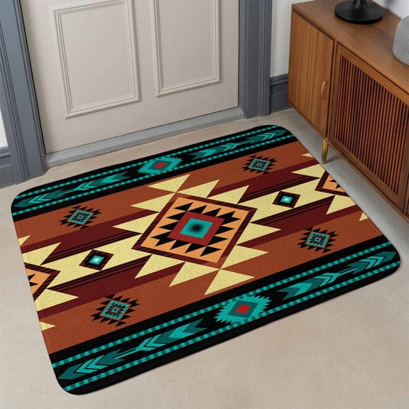 Small Door Mat Indoor Outdoor 15.7"x23.6",Turquoise Red Absorbent Non Slip Entry Rug,Southwest American Native Abstract Pattern Low Profile Welcome Mat for Front/Side Door Apartment Entrance Bathroom