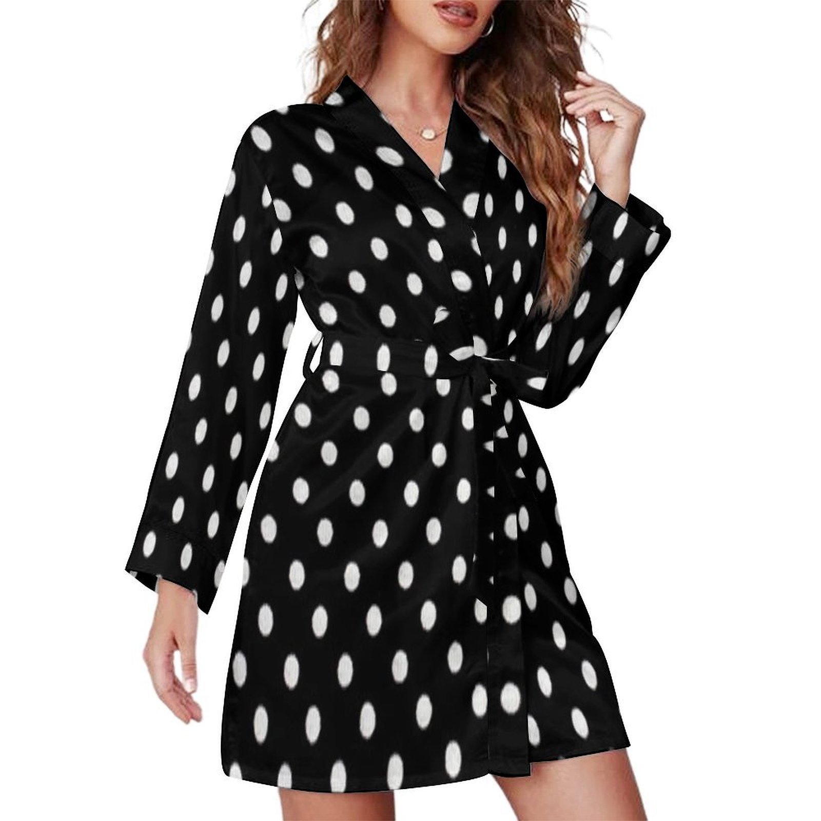 Small Dots Pattern Night Robe Long Sleeve V Neck Robe With Belt Women's ...