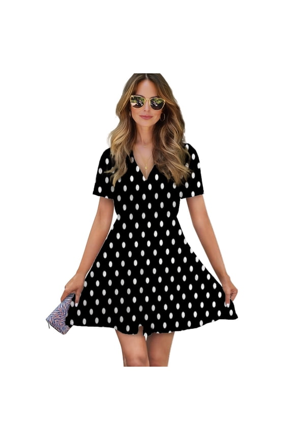 Small Dots Pattern Women Dress V-Neck Short Sleeve Flowy Swing Party Midi Dress
