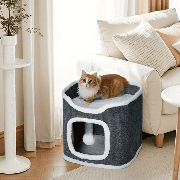 Small Double Layer Foldable Cube Cat Bed with Plush Hanging Balls