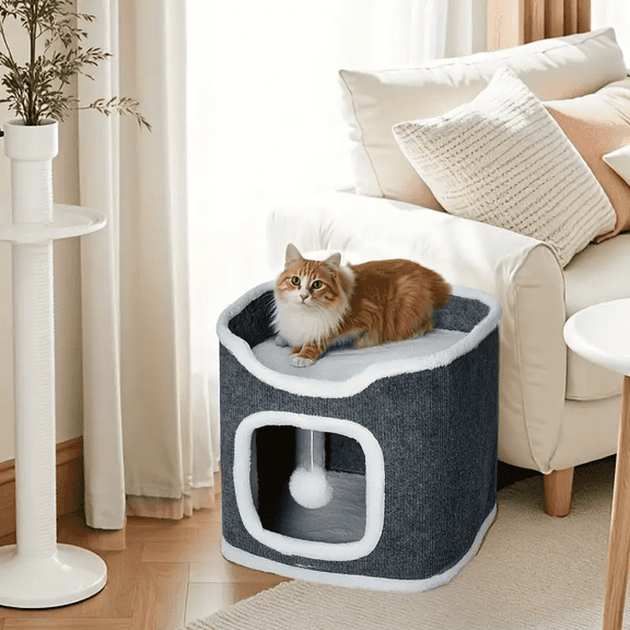 Small Double Layer Foldable Cube Cat Bed with Plush Hanging Balls