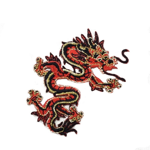 Small - Dragon - Facing Right - Red/Black - Iron on Applique/Embroidered Patch