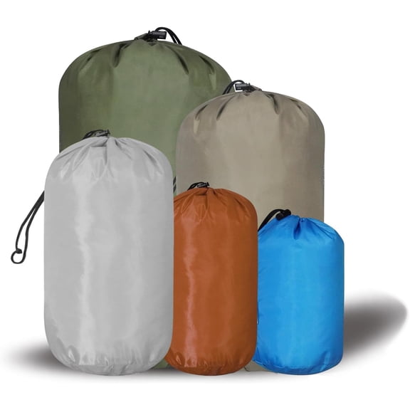 Small Drawstring Bags Stuff Sack Set 5-,Colorful 3L/5L/9L/15L/20L Ultralight Ditty Bags with Dirty Flap for Camping,Hiking,Travelling or Laundry (Blue&Golden&Grey&Yellow&)