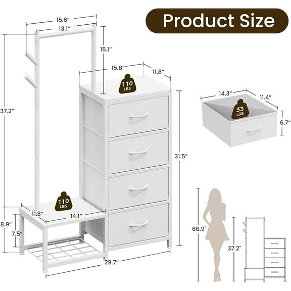 Small Dresser for Bedroom with Clothes Hanging Rack, Reversible Bedroom Dresser with Shoe Rack & 4 Fabric Drawers, 3-in-1 Storage Chest of Drawers with Storage Shelves & Tree Hooks, White