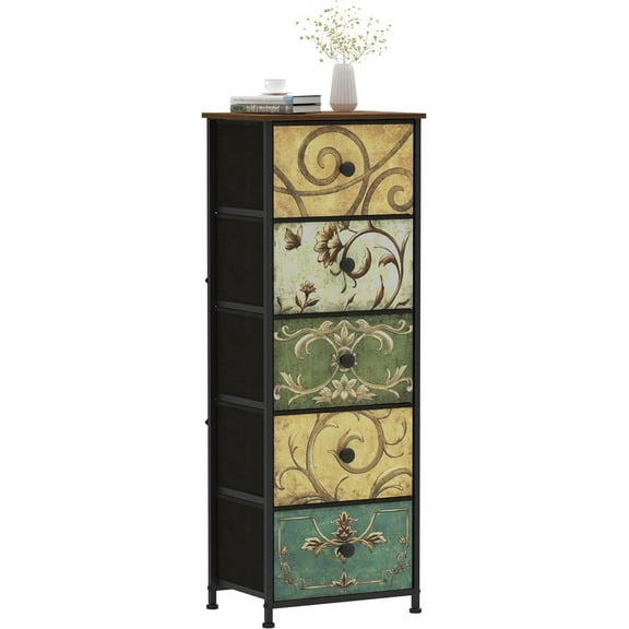 Small Dresser for Bedroom with Retro Flower Narrow Drawers Slim Chest of Drawers Skinny Nightstand Sofa End Table for Living Room Entryway Closet Storage (Multi, 5 Drawers)