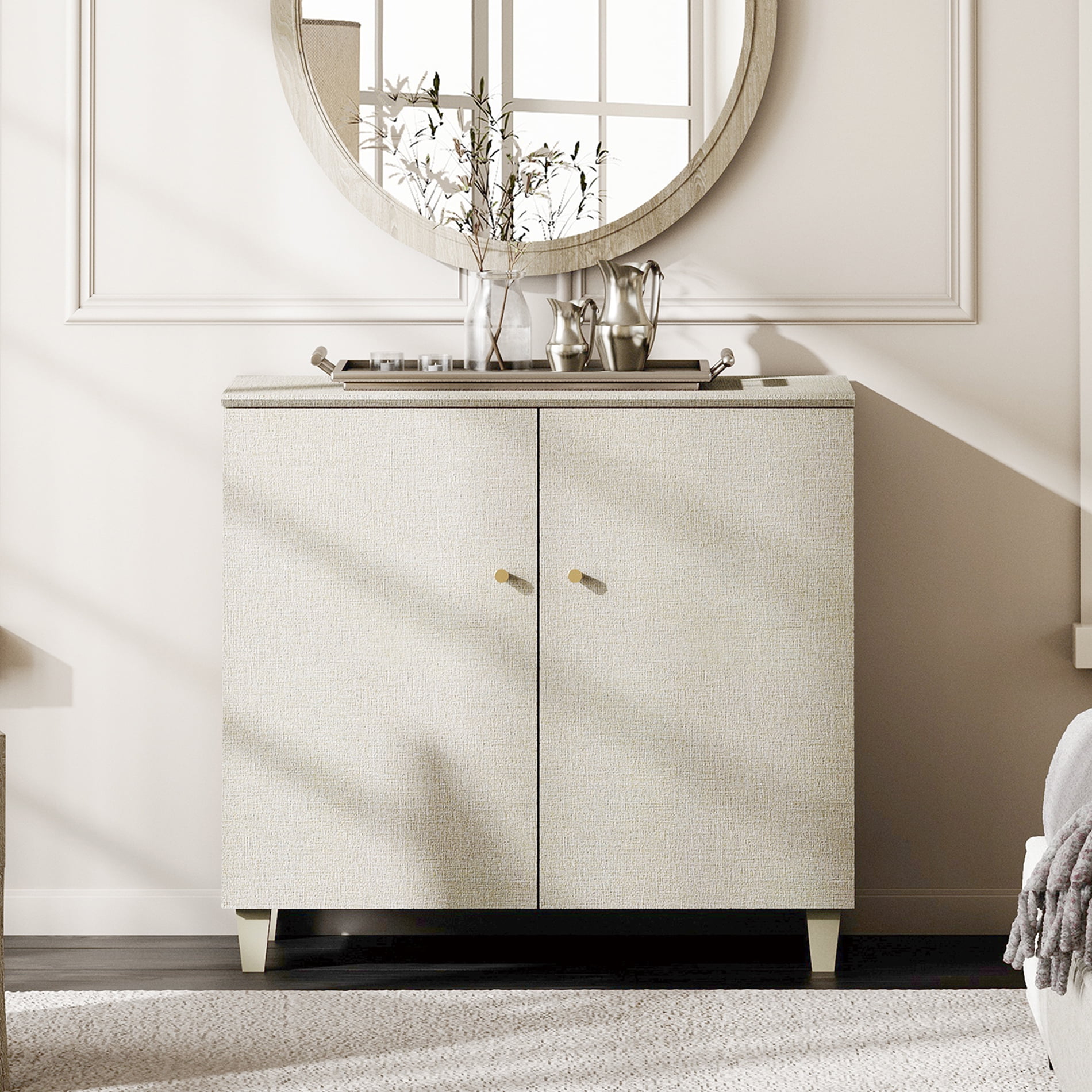 Small Dresser Cabinets with 3 Compartments for Bedroom, 35.4 Inches Wide Modern Wood Dresser Chest with Doors, Beige Linen