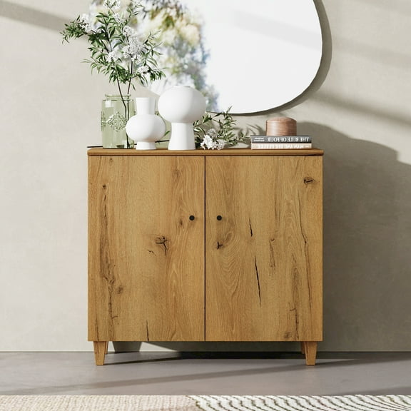 Small Dresser Cabinets with 3 Compartments for Bedroom, 35.4 Inches Wide Modern Wood Dresser Chest with Doors, Oak Brown